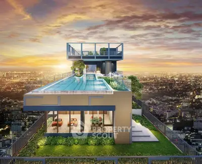 Stunning rooftop pool with panoramic city views at sunset, perfect for luxury living.