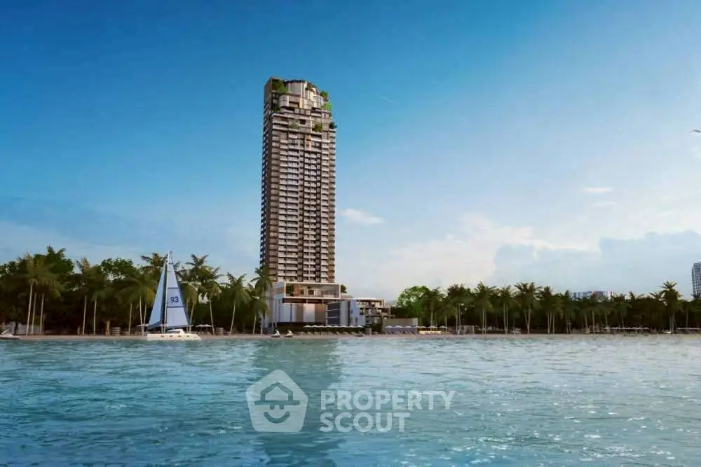 Luxurious waterfront high-rise with stunning ocean views and lush surroundings.