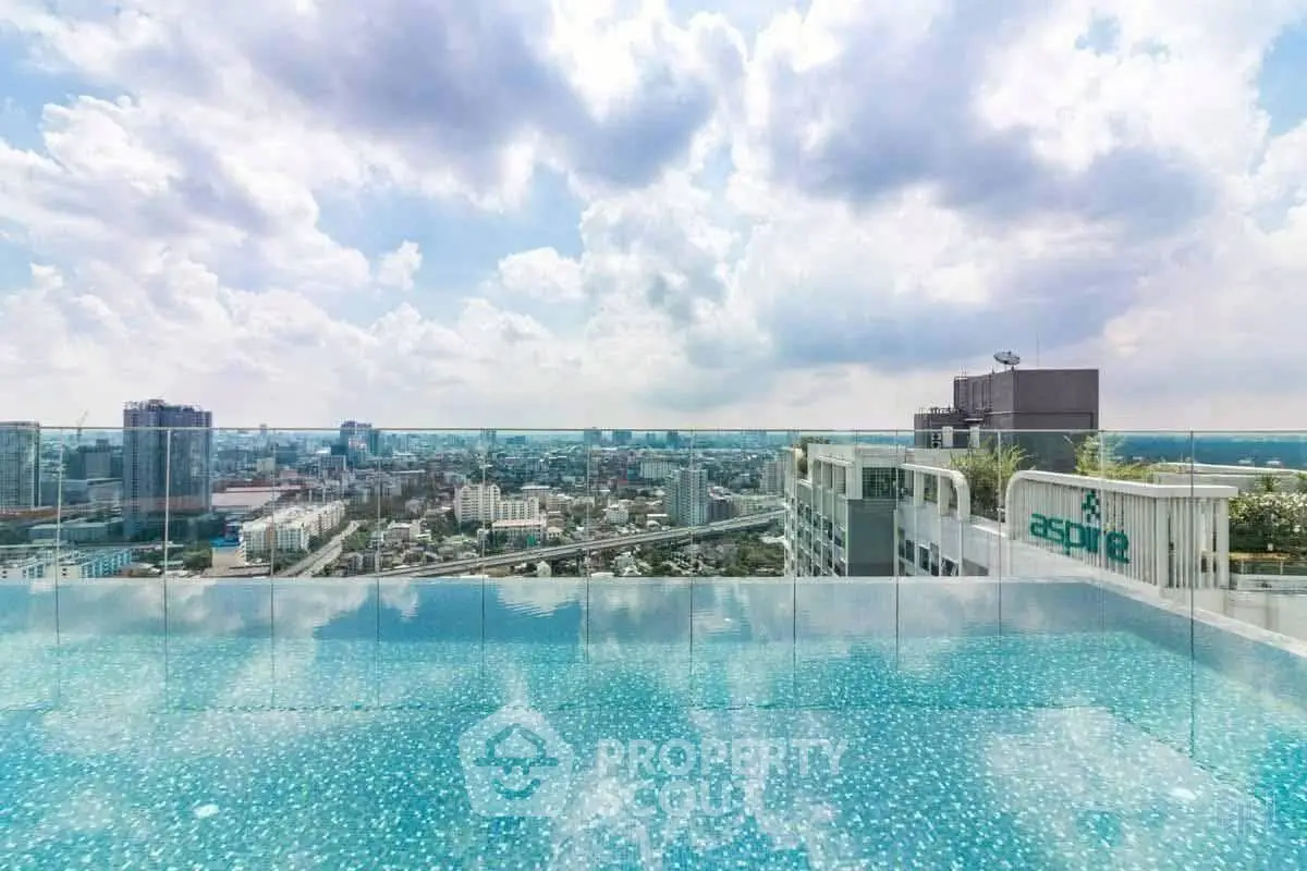 Stunning rooftop pool with panoramic city views and modern glass railing.