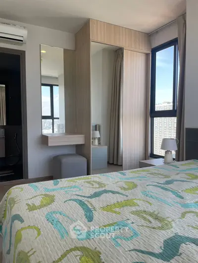 Modern bedroom with large windows and stylish decor in a high-rise apartment.