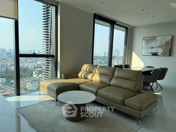 Luxurious modern living room with stunning city view and elegant furniture