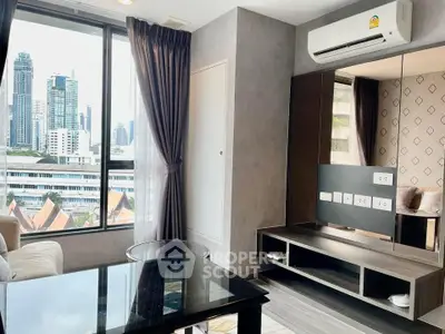 Modern apartment interior with city view, featuring sleek furniture and large window.