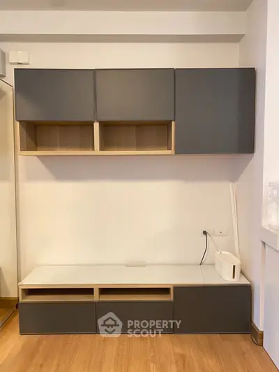 Modern living room with sleek storage cabinets and wooden flooring