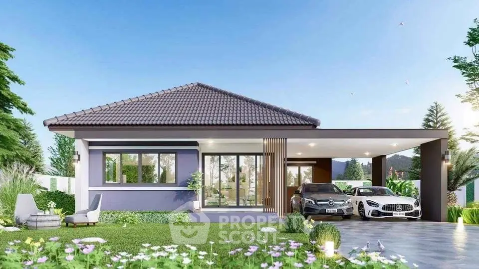 Modern single-story house with landscaped garden and carport featuring luxury cars.