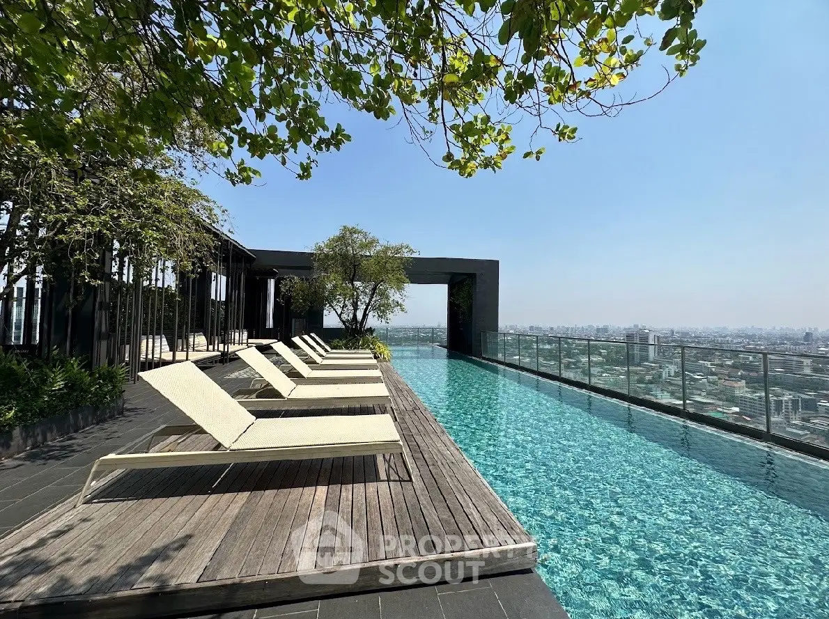 Luxurious rooftop infinity pool with stunning city skyline view, perfect for relaxation and leisure.