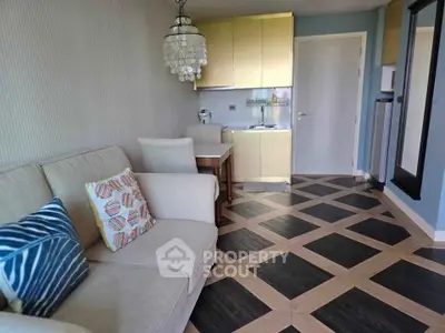 Chic modern living room with stylish kitchen and unique flooring design
