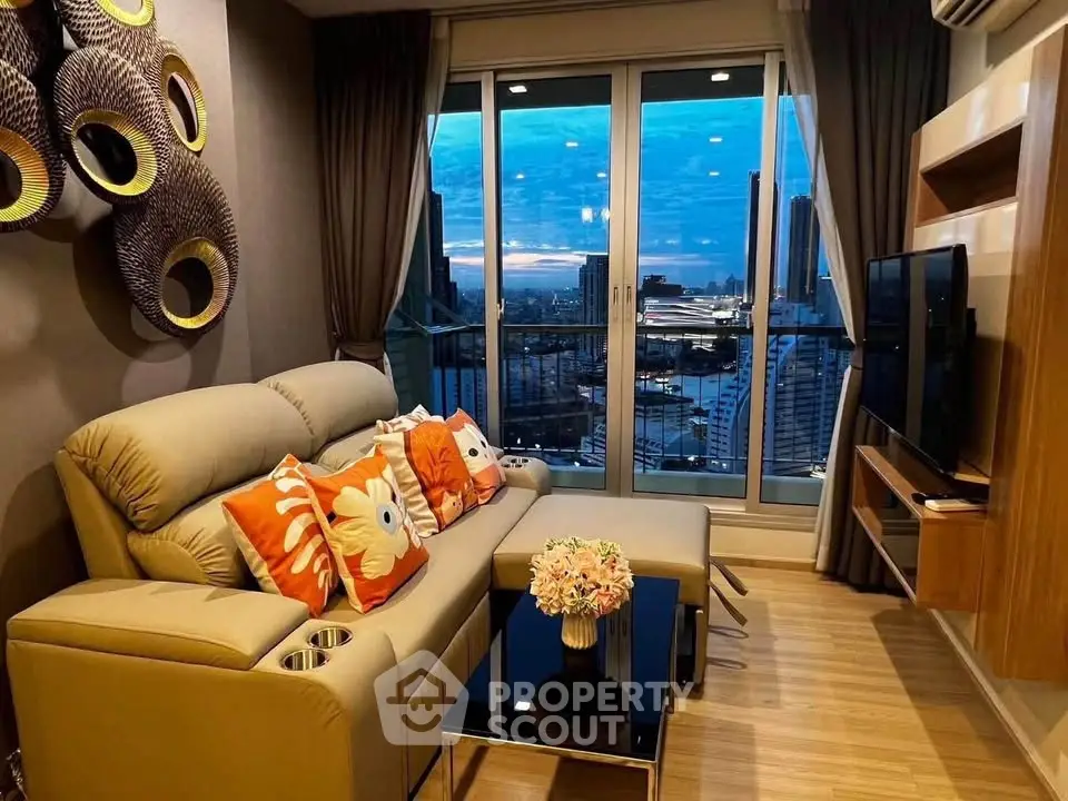 Stylish living room with city view, modern decor, and cozy seating area.