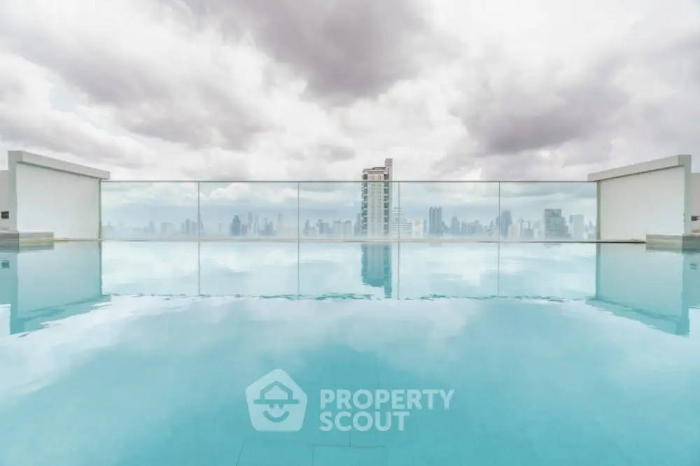 Luxurious rooftop pool with stunning city skyline view, perfect for relaxation and leisure.