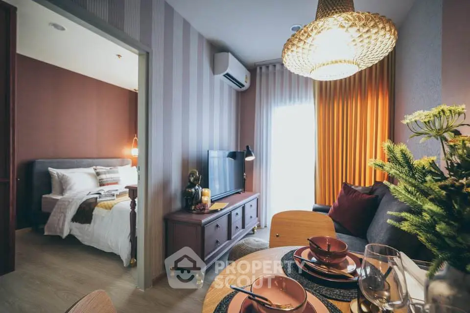 Stylish modern living room with dining area and cozy bedroom view