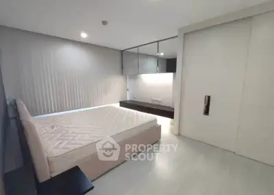 Modern minimalist bedroom with sleek design and ample natural light