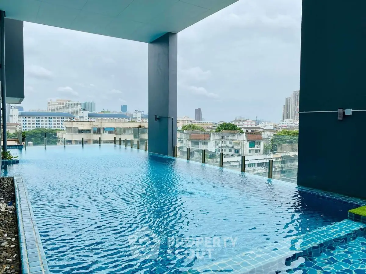 Luxurious rooftop pool with stunning cityscape views in modern urban setting.