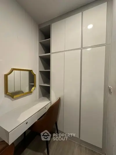 Modern study area with sleek white cabinets and stylish chair