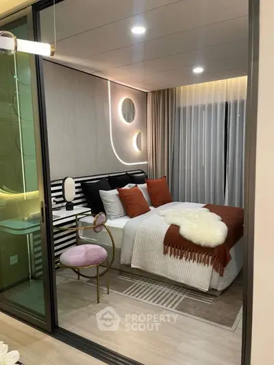 Luxurious modern bedroom with stylish decor and cozy ambiance