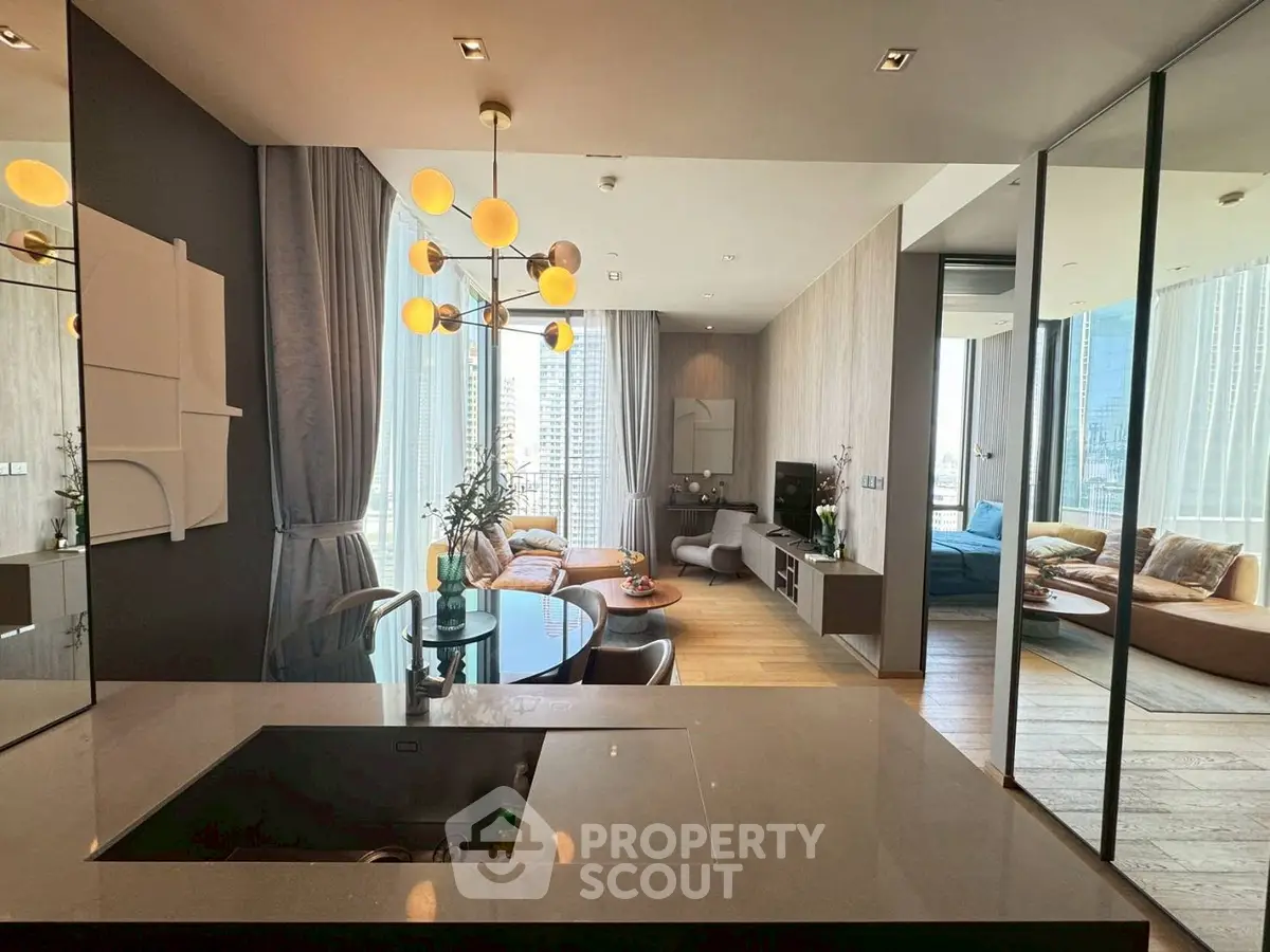 Luxurious modern living room with open layout and stunning city view