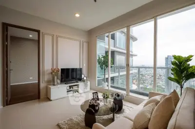 Modern living room with stunning city view and elegant decor