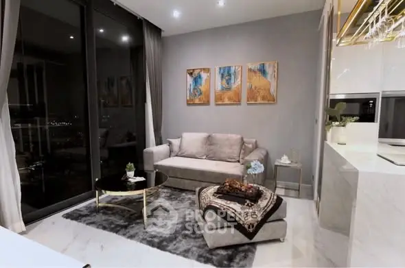 Modern living room with elegant decor and city view