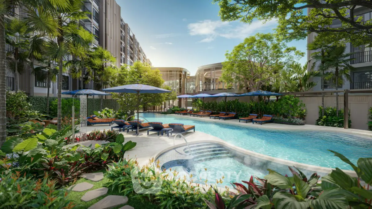 Luxurious residential pool area with lush greenery and modern design