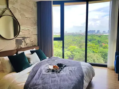Luxurious bedroom with stunning city view and modern decor