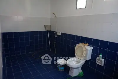 Spacious bathroom with blue tiles and shower area