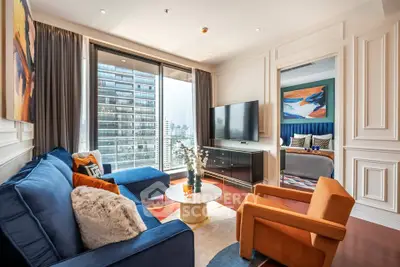 Luxurious living room with modern decor and city view, perfect for urban living.