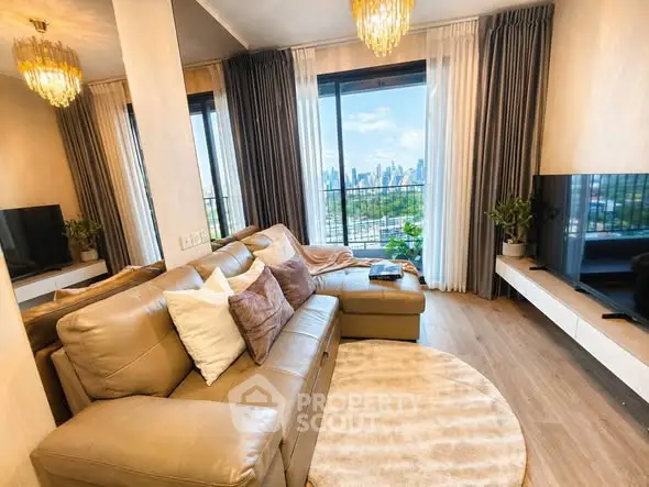 Luxurious living room with stunning city view, elegant decor, and plush seating in modern apartment.