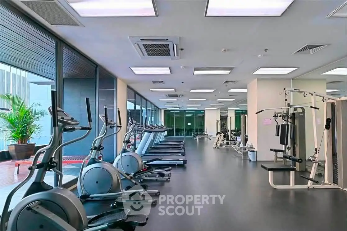 Spacious modern gym with state-of-the-art equipment and large windows for natural light.
