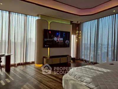 Luxurious modern bedroom with floor-to-ceiling windows and stylish decor