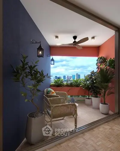 Charming balcony with city view, cozy seating, and lush plants, perfect for relaxation.