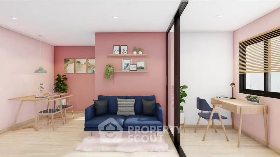 Modern living room with stylish decor and cozy workspace