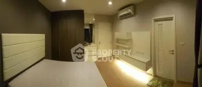 Modern bedroom with sleek design, featuring built-in storage and ambient lighting.