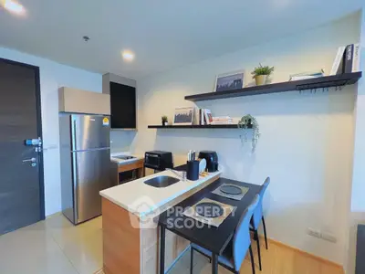 Modern kitchen with sleek appliances and stylish open shelving