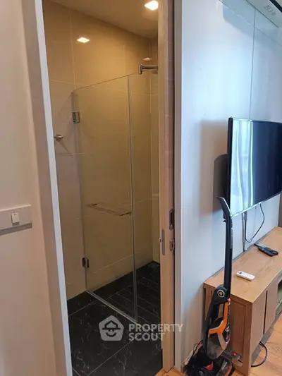 Modern bathroom with glass shower and adjacent living area