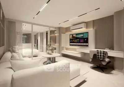 Luxurious modern living room with sleek design and integrated workspace