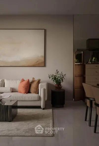 Elegant living room with modern decor, featuring a cozy sofa, stylish coffee table, and tasteful artwork.