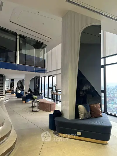 Luxurious modern living room with panoramic city views and stylish decor