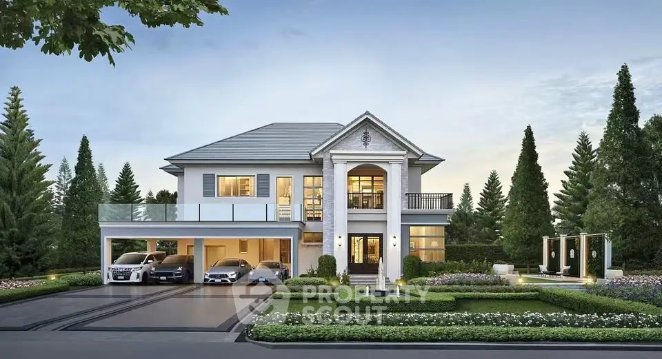 Luxurious two-story mansion with elegant facade, spacious driveway, and lush landscaping in a serene neighborhood.