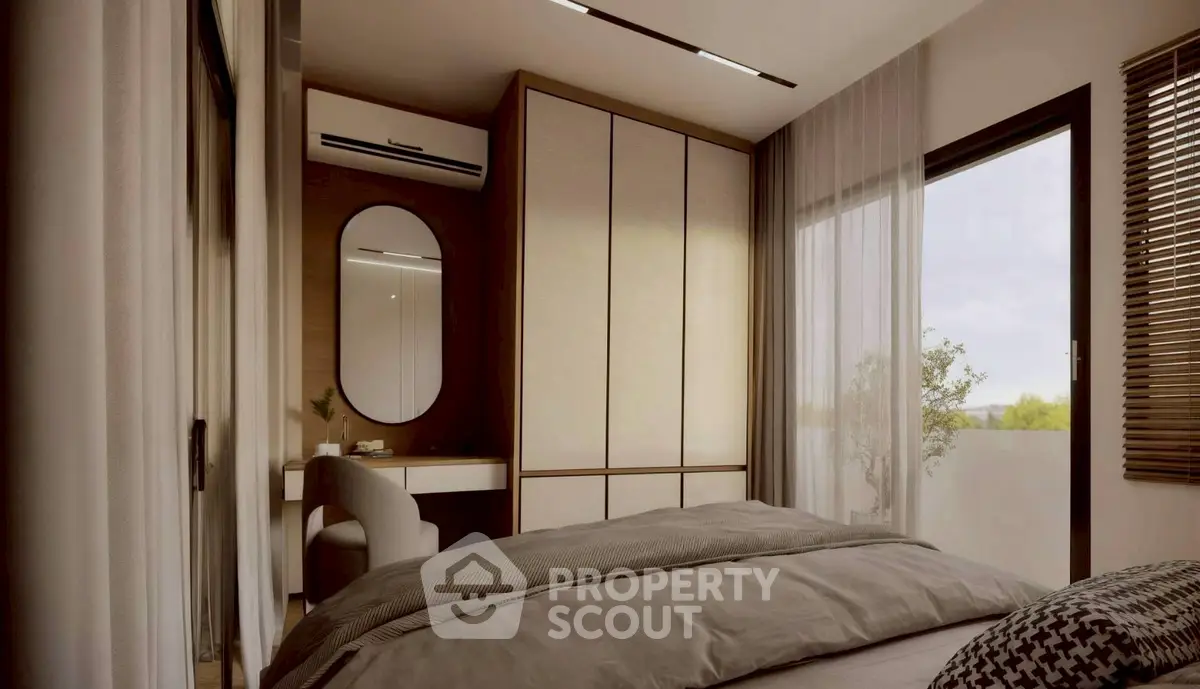Modern bedroom with large window and elegant decor, featuring a cozy bed and stylish furniture.