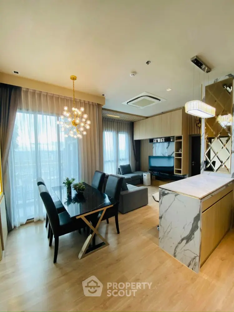 Luxurious modern living room with elegant dining area and stylish lighting