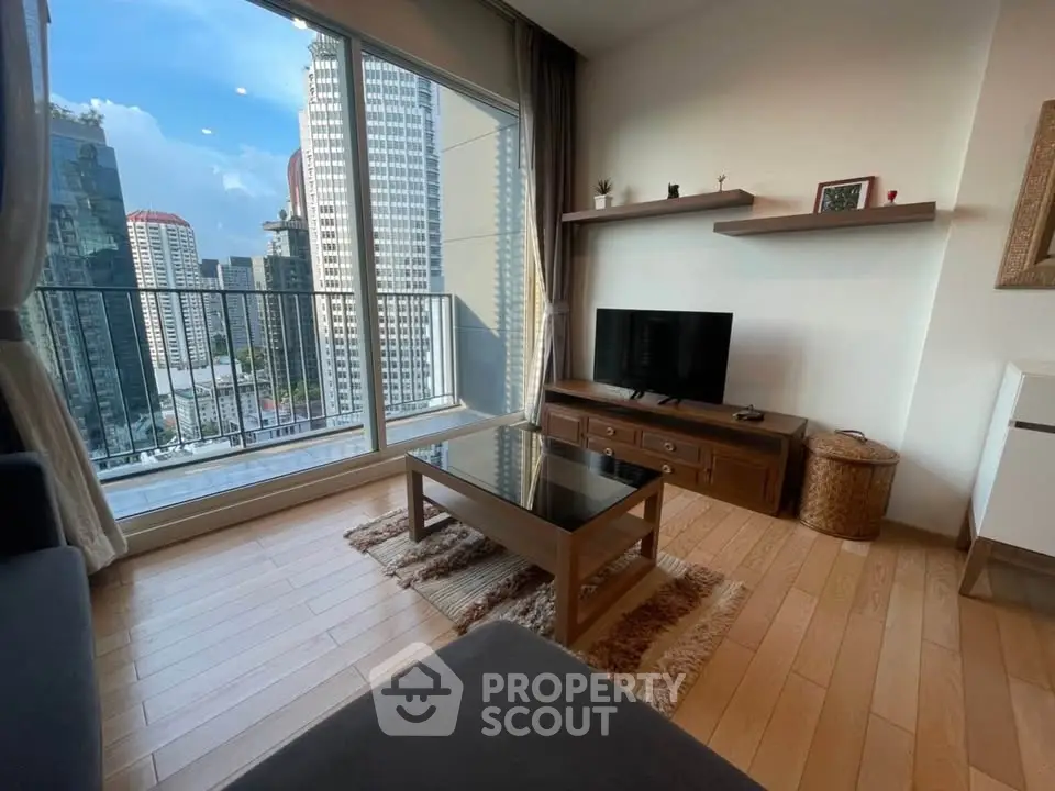 Modern living room with city view and stylish decor