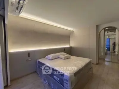 Modern bedroom with sleek design and ambient lighting