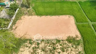 Expansive plot of land surrounded by lush greenery, ideal for development or agriculture.