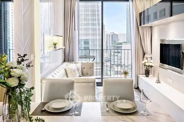 Luxurious modern living room with city view and elegant decor