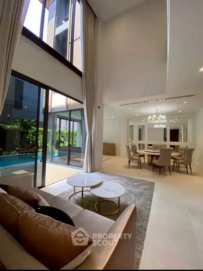 Luxurious living room with pool view and elegant dining area in modern home