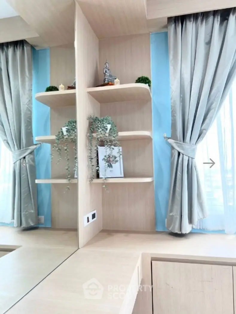 Modern interior with elegant shelving and curtains in a stylish room