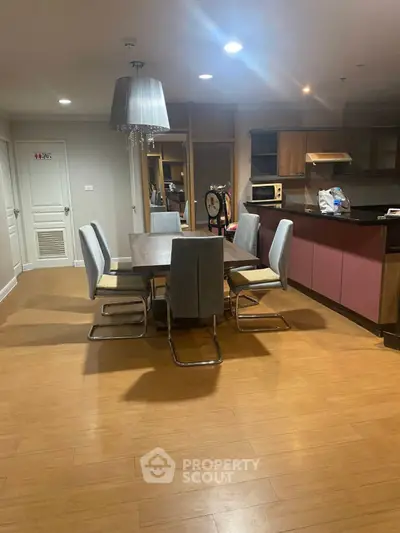 Spacious dining area with modern kitchen and elegant lighting in open layout apartment.