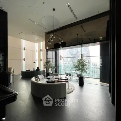 Luxurious modern living room with stunning city view and elegant decor