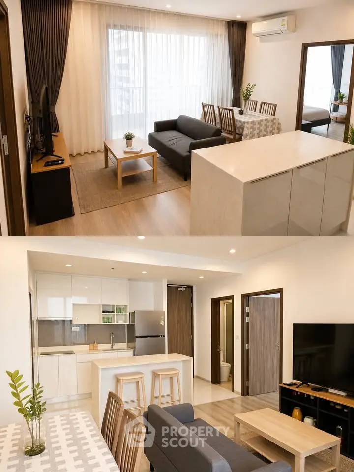 Modern open-layout living room and kitchen with stylish furniture and natural light.