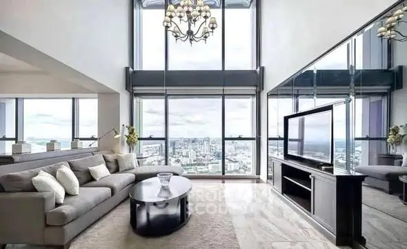 Luxurious living room with panoramic city view and elegant decor