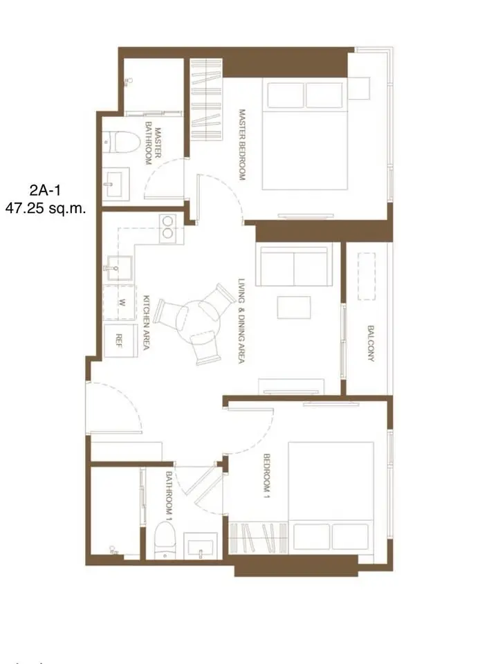 Modern apartment floor plan with two bedrooms and balcony, 47.25 sq.m.