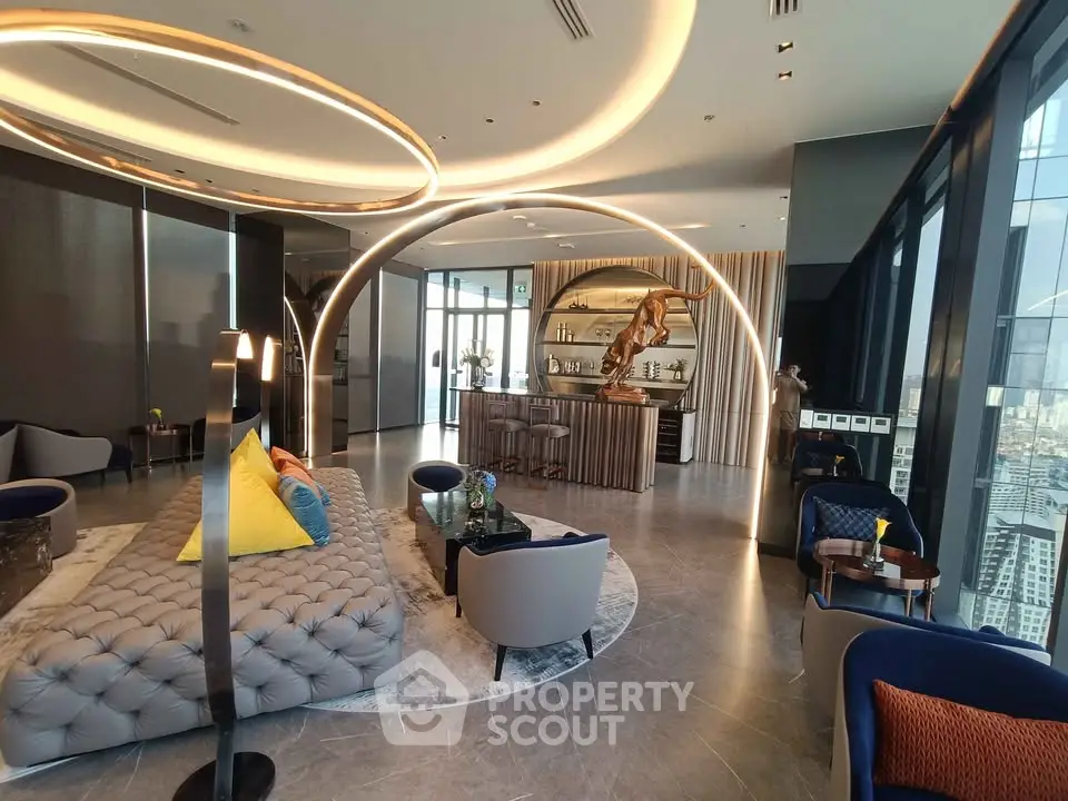 Luxurious modern living room with stunning city view and elegant decor